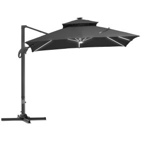 Outsunny 10FT Cantilever Patio Umbrella with Solar LED Lights, Double Top Square Outdoor Offset Umbrella with 360¬∞ Rotation, 4-Position Tilt, Crank &