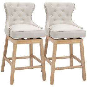 HOMCOM Upholstered Fabric Bar Height Bar Stools, 180¬∞ Swivel Nailhead-Trim Pub Chairs, 30" Seat Height with Rubber Wood Legs, Set of 2, Cream