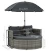 2 Seater Patio Sofa with Cushions and Parasol Gray Poly Rattan