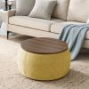 Round Storage Ottoman, 2 in 1 Function, Work as End table and Ottoman, Yellow (25.5"x25.5"x14.5")