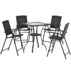 Outdoor Patio PE Wicker 5-Piece Counter Height Dining Table Set with Umbrella Hole and 4 Foldable Chairs, Brown