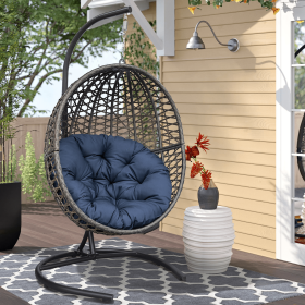 Wicker Basket Swing Chair;  Hanging Egg Chairs with Durable Stand and Waterproof Cushion for Outdoor Patio (Color: Navy blue)