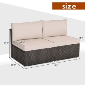 2 Pieces Patio Rattan Armless Sofa Set with 2 Cushions and 2 Pillows (Color: Brown)