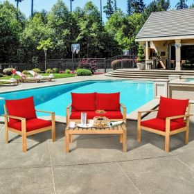 4 Pieces Patio Acacia Wood Thick Cushion Loveseat Sofa Set (Color: RedHW64146RE+)