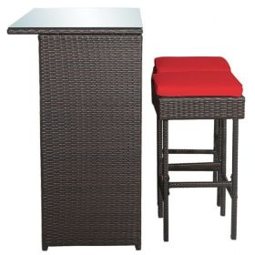 3 Pieces Patio Rattan Wicker Bar Table Stools Dining Set (Color: RedHW68745RE)