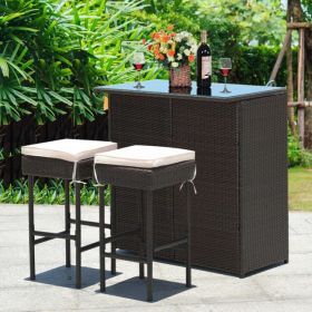 3 Pieces Patio Rattan Wicker Bar Table Stools Dining Set (Color: BeigeHW68745WH)