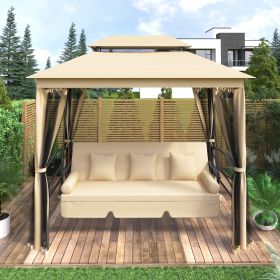 [VIDEO provided] U_STYLE 8.9 Ft. W x 5.9 Ft. D Outdoor Gazebo with Convertible Swing Bench, Double Roof Soft Canopy Garden Backyard Gazebo with Mosqui (Color: as Pic)